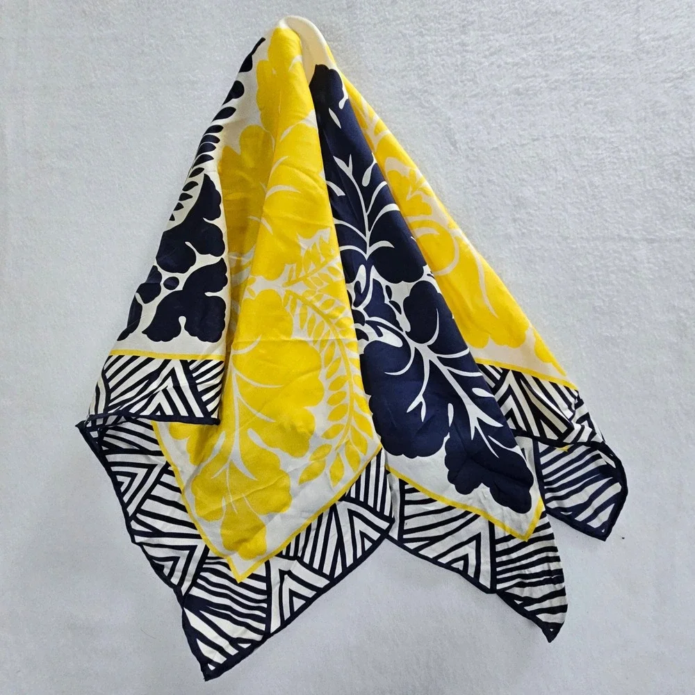 Talbots Silk Scarf‎ Navy Yellow Hibiscus Floral Tropical Geometric Border Square